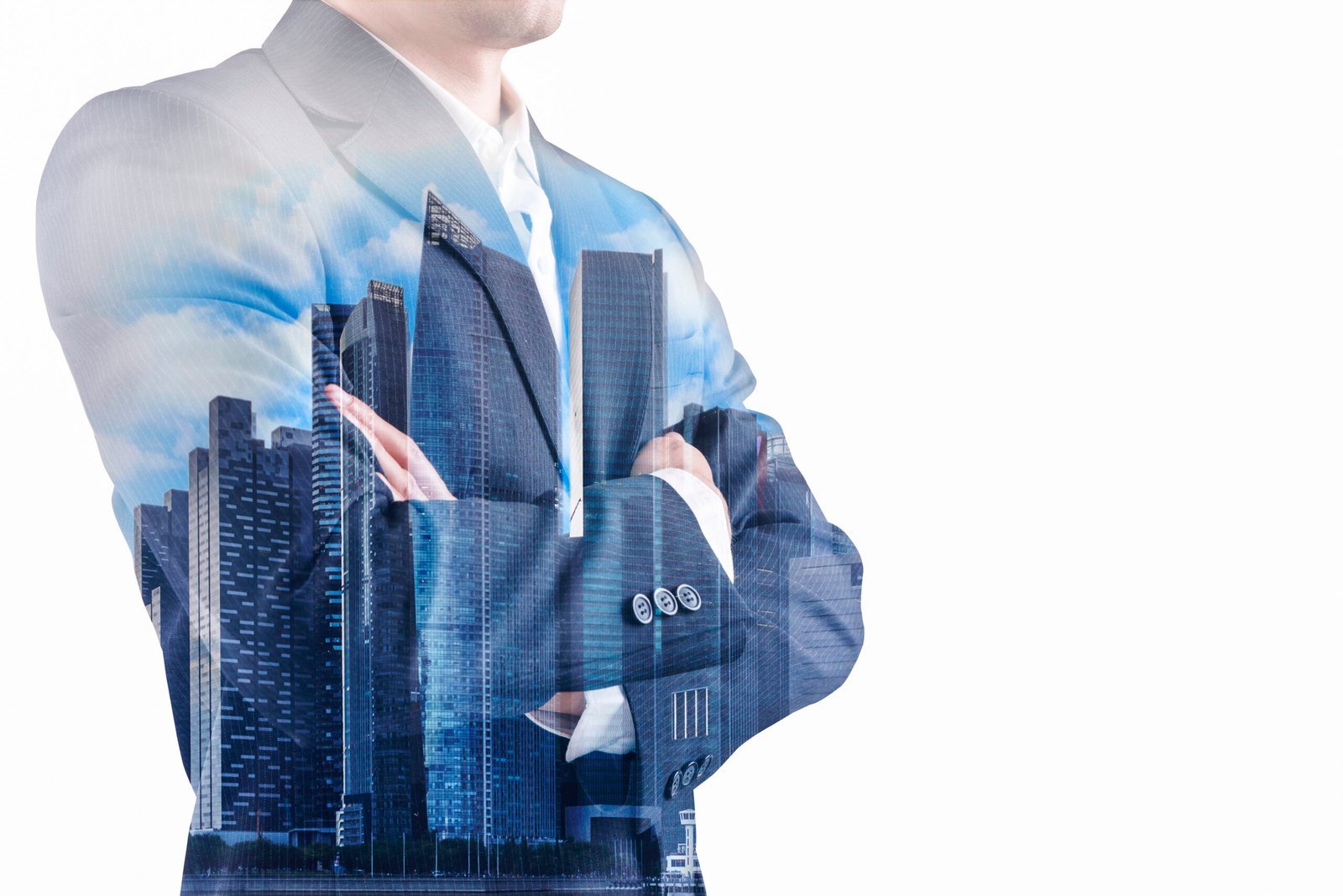 Business executive in a formal suit with a double-exposure city skyline effect, symbolizing visionary leadership, corporate growth, and excellence in real estate and construction.