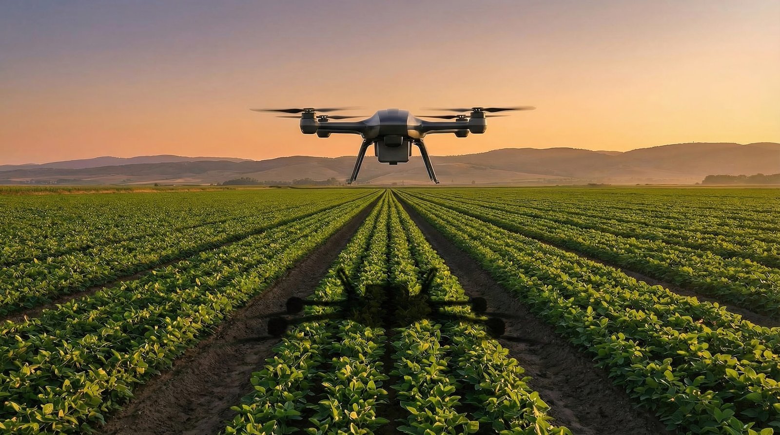 Agricultural field monitored by a drone over crop rows, highlighting agro infrastructure development with precision farming technology.