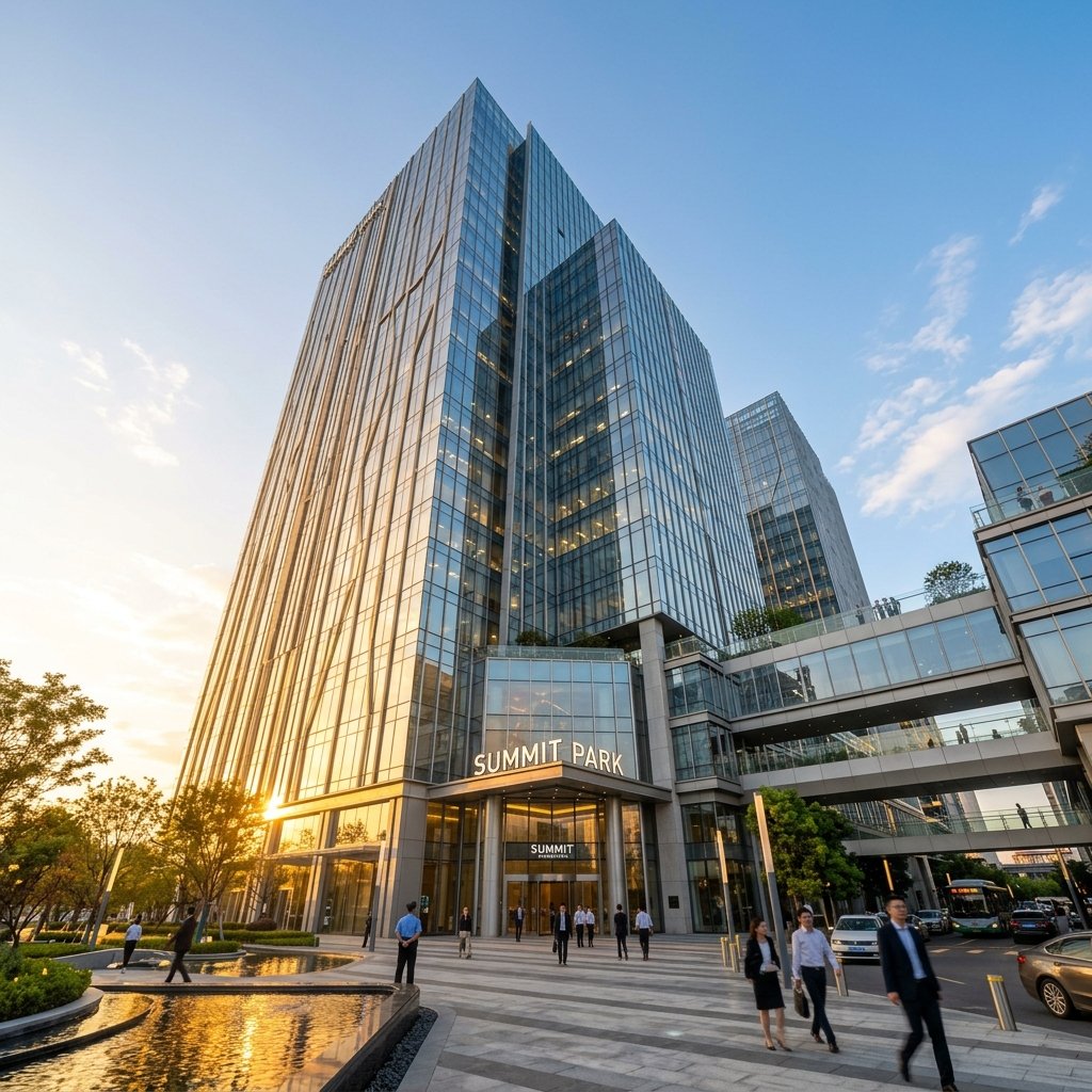 Modern glass office tower representing commercial spaces designed for corporate offices, retail centers, and high-performance business environments.