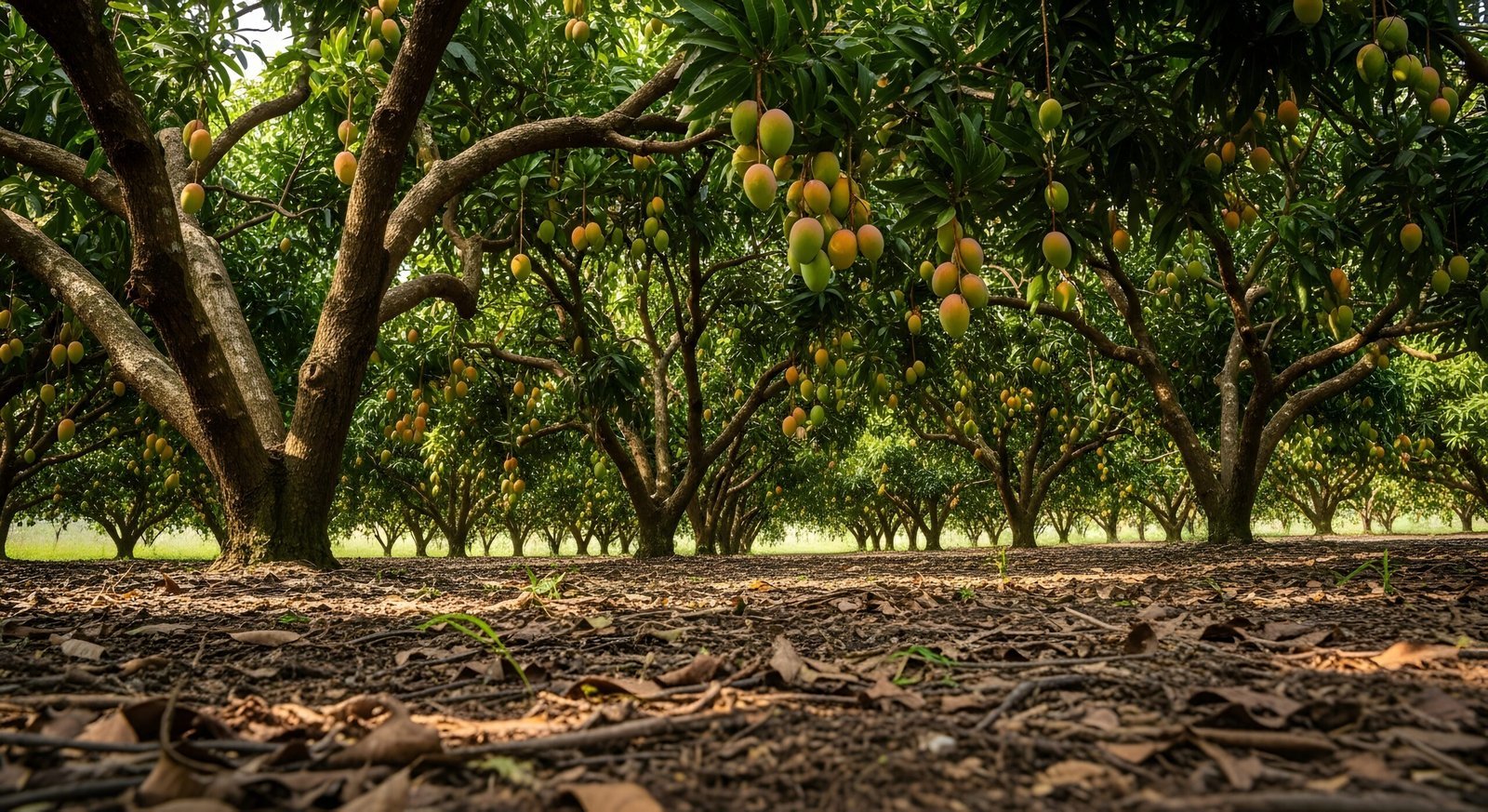 Well-maintained fruit orchard with organized plantation rows, representing farm land development for sustainable agriculture and horticulture.