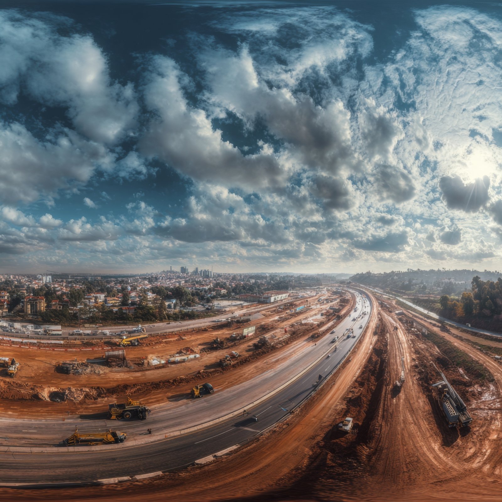 Highway construction with earthworks and heavy equipment, representing civil infrastructure execution and road network development.