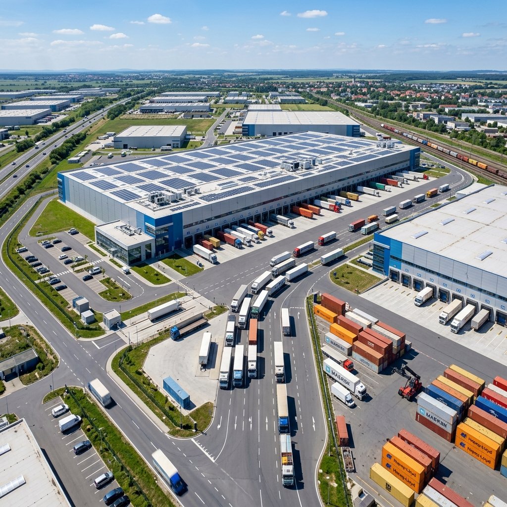 Large industrial warehouse and logistics facility with loading docks and distribution infrastructure, showcasing modern warehousing and supply chain operations.