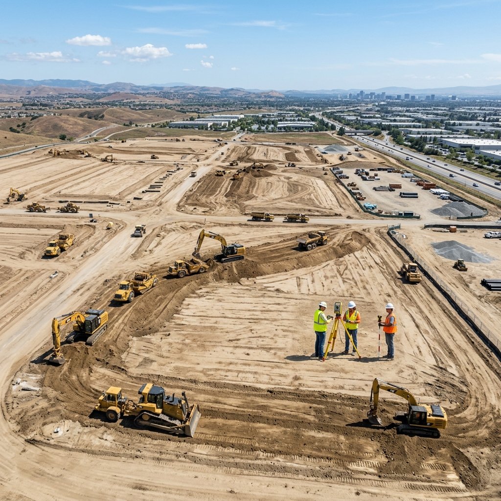 Engineers and heavy machinery preparing land for infrastructure, showcasing coordinated site development and project delivery.