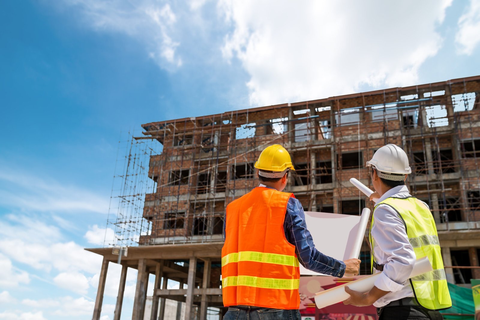 Engineers reviewing blueprints at an active construction site, representing planning, site supervision, and quality building execution.