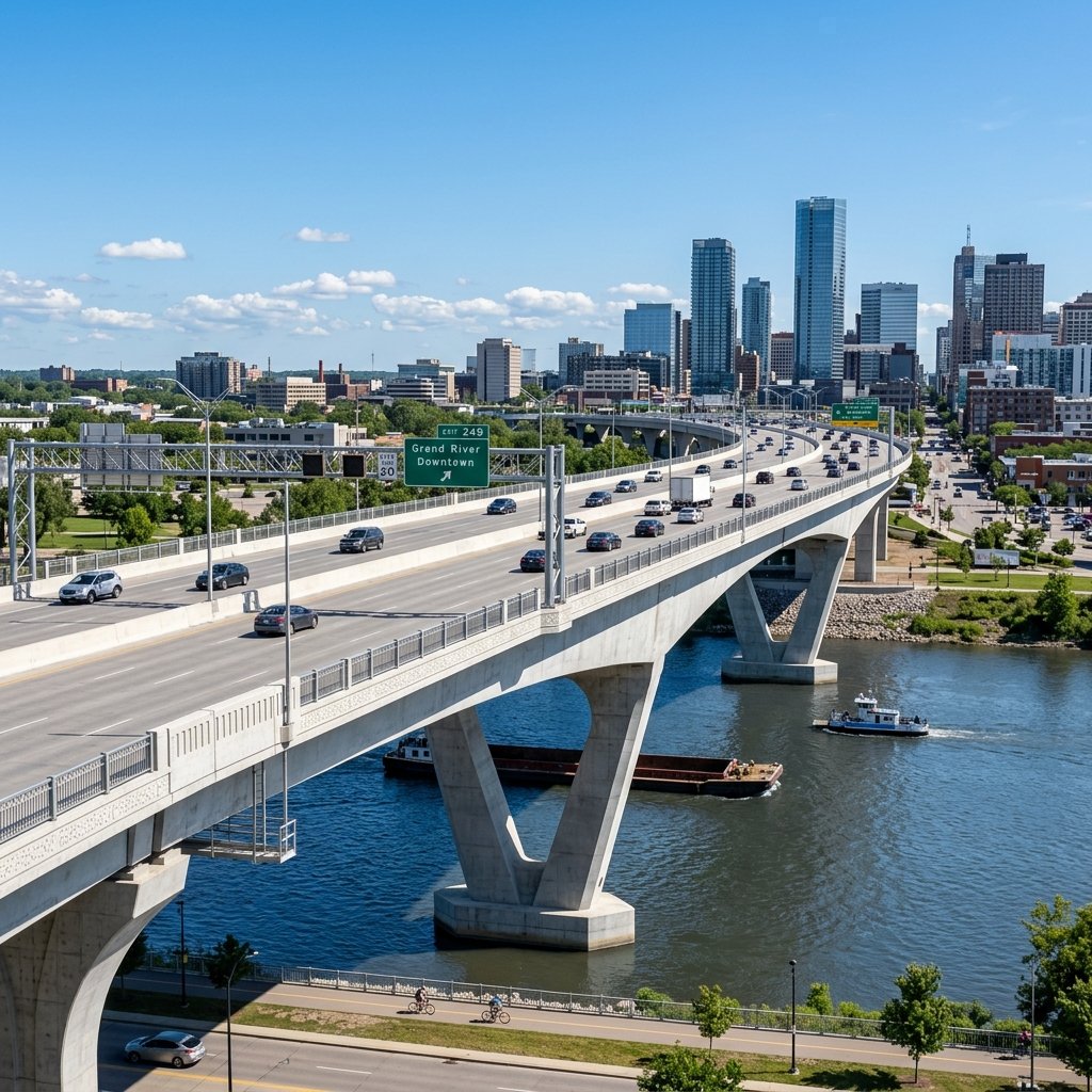 Elevated highway bridge with urban skyline and transportation network, representing public infrastructure, road development, and smart city connectivity.