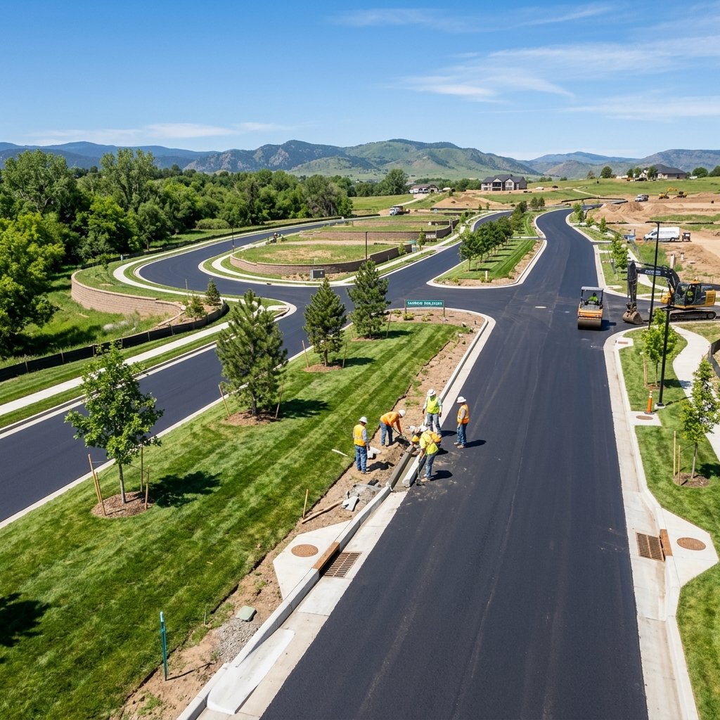 Completed internal roads with landscaped medians and workers, showcasing turnkey infrastructure delivery and project readiness.