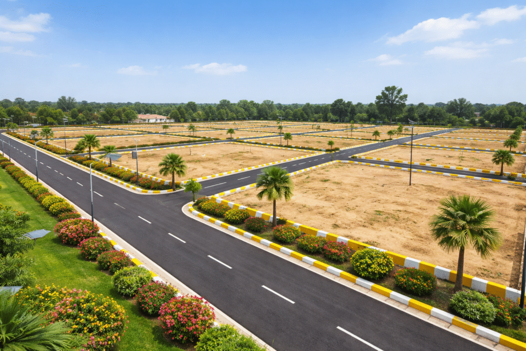 Developed land venture with wide roads, landscaped medians, and plotted layouts, showcasing infrastructure development for residential and commercial ventures.