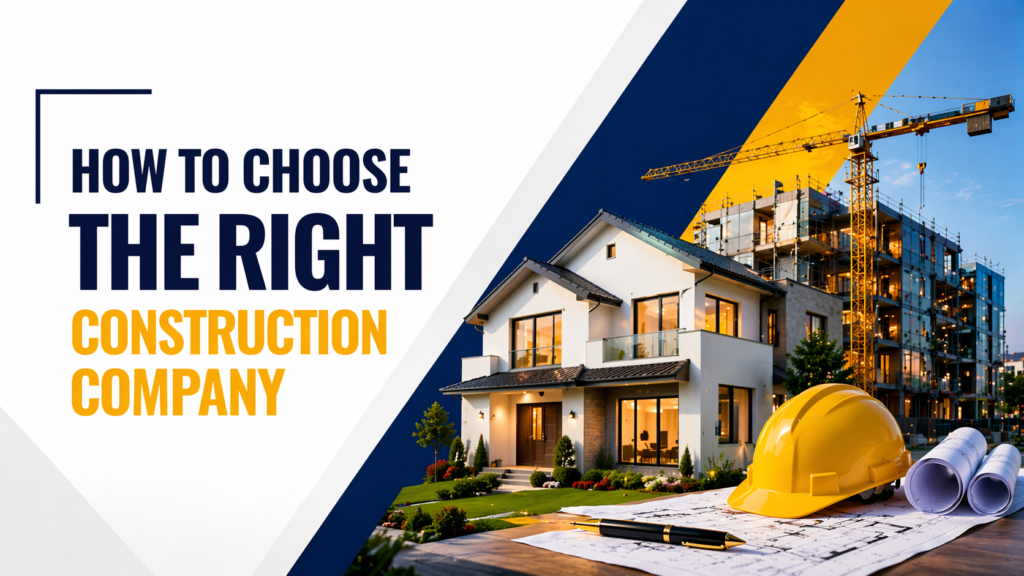 Modern house construction site with crane, safety helmet, and blueprints representing how to choose the right construction company