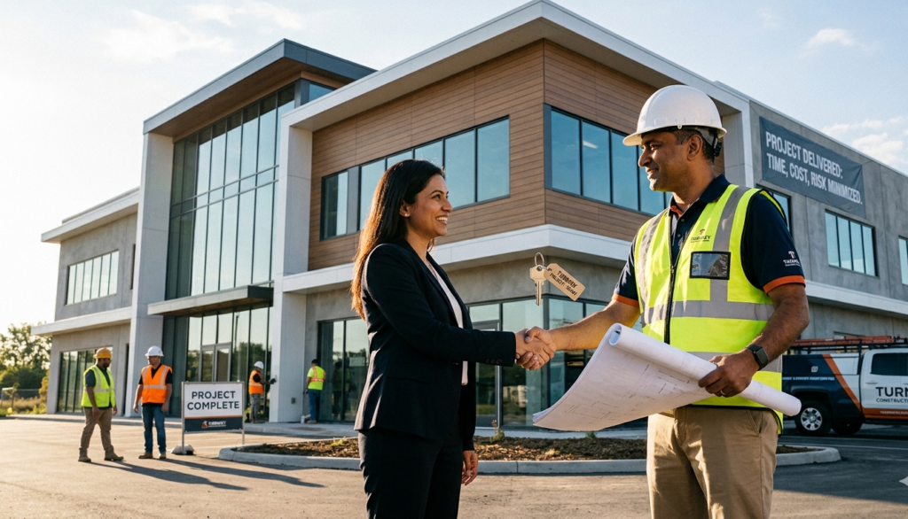 Turnkey project delivery handshake between contractor and client in front of completed commercial building site