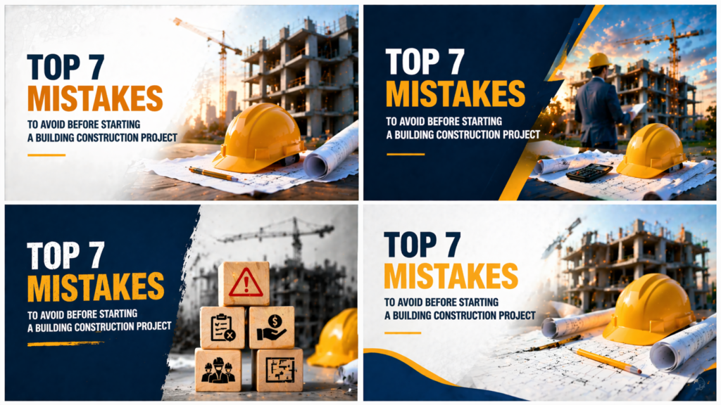 Top 7 mistakes to avoid before starting a building construction project with safety helmet and construction site background