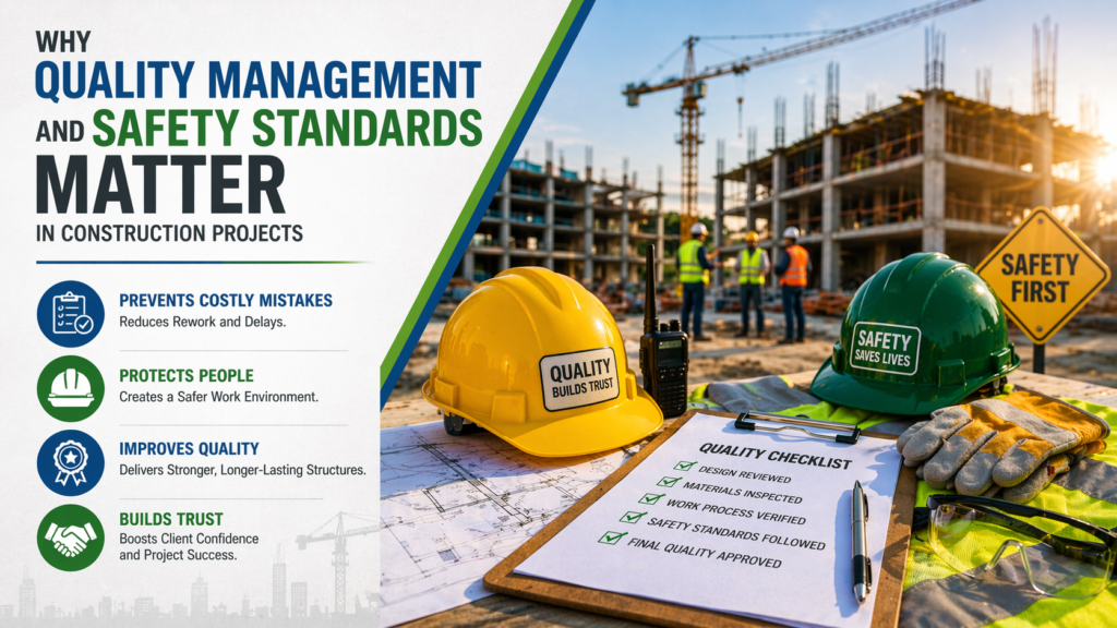 Why quality management and safety standards matter in construction projects with helmets, checklist, and building site background